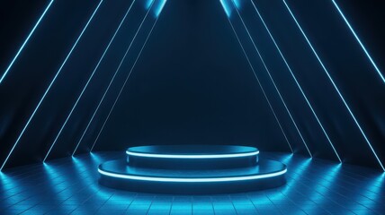 Futuristic neon blue podium stage with glowing triangular frame
