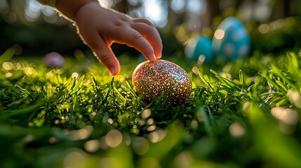 A child's hand reaches for a sparkling Easter egg hidden in green grass