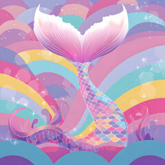A vibrant mermaid tail, with iridescent pink fins and a rainbow-scaled body, floats against a background of pastel wavy layers. Sparkles and subtle underwater elements are visible.