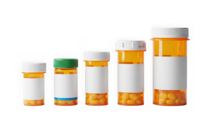 Various sized amber medicine bottles on transparent background isolated