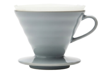 Grey ceramic pour-over coffee dripper with white paper filter inside isolated on a transparent background