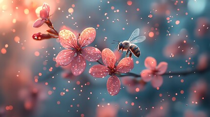 Bee on pink cherry blossom branch with sparkling bokeh and bokeh dust particles