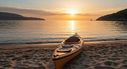 Sunrise over the sea, kayak on the beach. A golden sunrise paints the sky above a calm sea. A light yellow kayak rests on the sandy beach