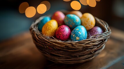 A woven basket overflows with vibrantly colored speckled Easter eggs on a wooden surface blurred bokeh lights above