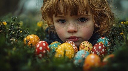 A young child with freckles looks at colorful Easter eggs hidden in green foliage and small yellow flowers