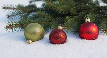 Three Christmas ornaments, gold-green and red, resting on fresh snow with evergreen sprigs