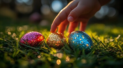 Child's hand reaching for sparkly Easter eggs hidden in green grass at sunrise