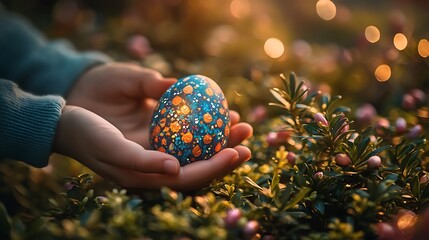 Child's hands gently hold a vibrant decorated Easter egg amidst soft glowing bokeh lights and greenery