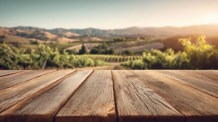 A wooden table sits in the foreground as the sun sets over a vineyard landscape. The rolling hills and rows of grapevines are visible under a clear sky.