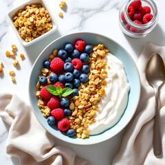 Healthy Breakfast Bowl with Greek Yogurt Granola Blueberries and Raspberries on Marble Surface

