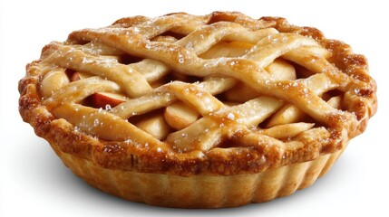 A freshly baked apple pie sits on a kitchen counter in the afternoon sunlight. The pie has a golden crust with a crisscross pattern and is sprinkled with sugar on top.