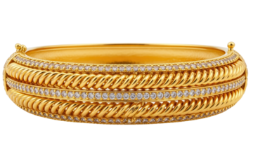 Twisted gold metal wristband with embedded gemstones isolated on a transparent background