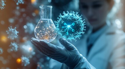 Scientist holding glowing flask with virus particles in lab
