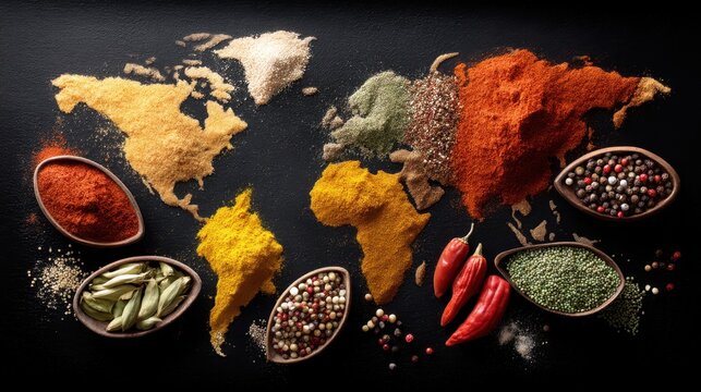 Different spices are placed on a black surface to create a world map design. Bowls hold various spices while red peppers sit alongside the colorful arrangement.