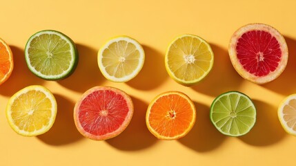 Fototapeta premium Several types of citrus fruits are cut in half and placed on a yellow surface. Each fruit shows its unique color and shape while sunlight casts shadows.