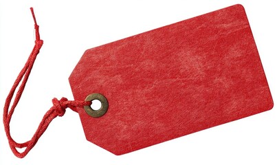 Red, textured tag with string tie, brass eyelet, and corner detail