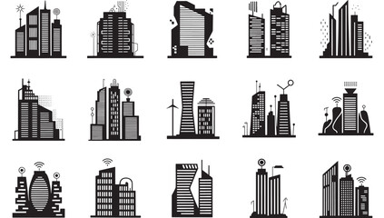 Obraz premium A collection of 15 black and white illustrations of various buildings and structures from different viewpoints