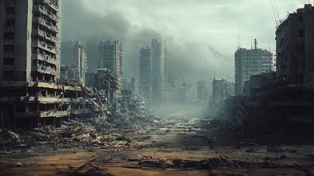 Contemporary urban street consumed by destruction concept. A desolate urban landscape showcasing the aftermath of destruction.