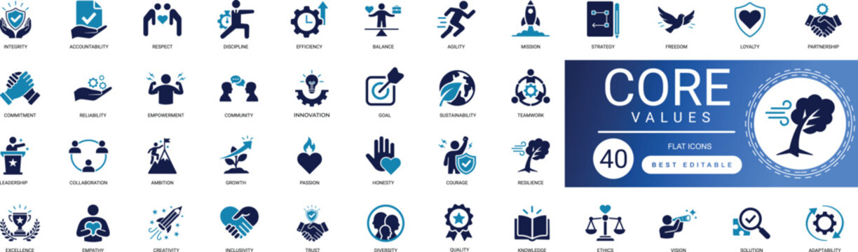 Core Values Business Solid Icons for Company Culture featuring Integrity Teamwork Leadership Vision Mission Goal Trust Partnership Success Quality Innovation and Growth Professional Vector Set