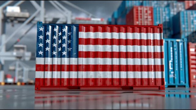A premium 3D digital illustration of an American flag on shipping containers in a warehouse