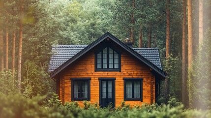 Cozy wooden cabin nestled in serene forest setting with lush greenery