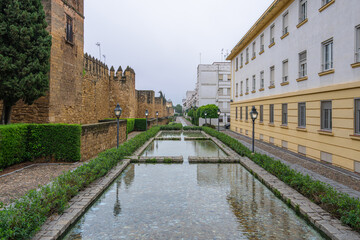 A serene garden pathway features a long shallow water channel for ritual ablutions, bordered by trimmed hedges and ancient stone walls with a tower, near the Mosque-Cathedral in Cordoba Spain.