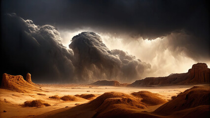 Desert landscape with sandstorm and cloudy sky concept. Dramatic desert landscape with towering clouds and sandy dunes.
