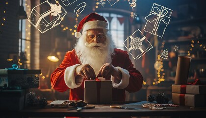Father Winter in Workshop Preparing Holiday Presents with Glowing Outlines