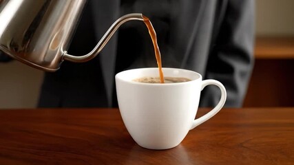 A hand pours steaming coffee from a gooseneck kettle into a white mug on a wooden table