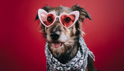Cute dog valentines love pet portrait wearing heart sunglasses