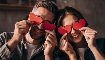 Happy couple love valentines relationship holding heart shapes