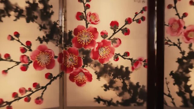 An ornate folding screen panel adorned with a detailed, hand-painted depiction of blooming plum branches and a row of illuminated red lanterns, creating an atmospheric cultural ambiance.