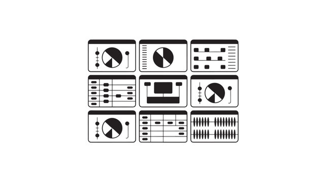 A collection of graphic icons representing different data visualization charts and graphs, displayed in a grid layout, shown from a straightforward viewpoint.