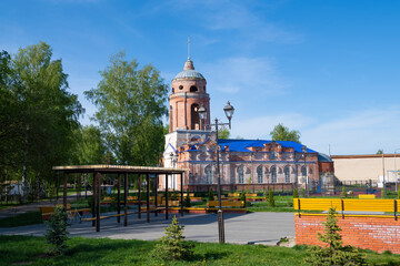 The Cathedral of the Intercession of the Holy Virgin (1885-1887) in the cityscape on a sunny May day. Narovchat