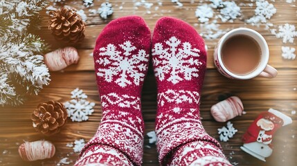 Cozy winter scene with festive socks and hot cocoa