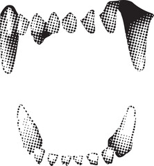 Halftone teeth frame forming an abstract mouth shape in black and white. Dotted comic-style dental illustration creates a bold graphic border. Ideal for posters, pop art designs, medical themes, and c