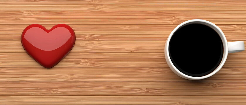 A glossy red heart and a black coffee cup are placed on a light wooden surface, viewed from directly above