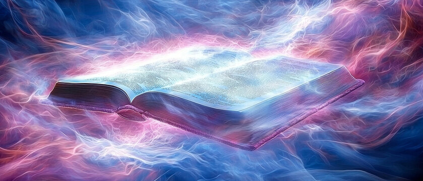 A radiant open book floats amidst swirling cosmic energy, bathed in vibrant blues, purples, and pinks
