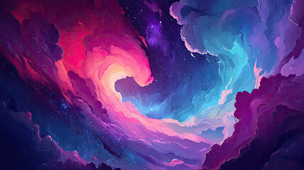 Raster illustration of colorful clouds spiral concept. A vibrant cosmic mural depicting swirling colorful clouds.