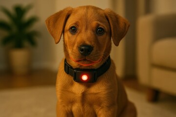 Cute puppy wearing smart collar indoors
