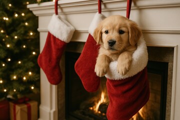 Golden retriever puppy inside Christmas stocking