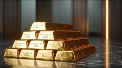 A 3D rendering of a stack of gold bars on a luxurious marble surface in a modern interior with dramatic lighting