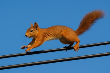 Red squirrel balancing on power lines in daylight
