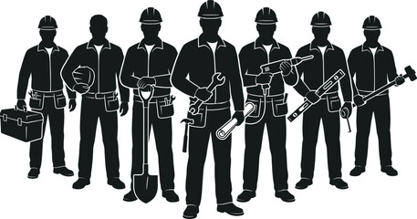 Construction worker silhouette lineup showing professional builders with tools helmets teamwork standing isolated on white background industrial vector illustration