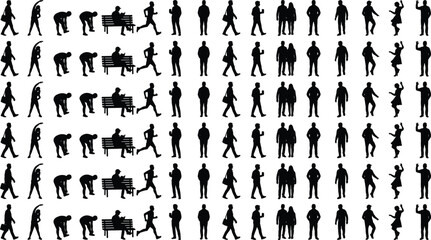 People activity silhouette pattern showing daily life actions walking sitting running social interaction isolated on white background vector illustration