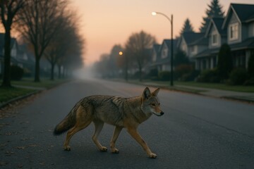 Coyote walking through quiet suburban street at dusk