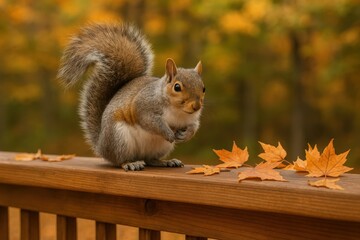 Curious squirrel on wooden deck during autumn