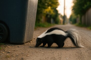 Skunk searching near garbage bin in alleyway