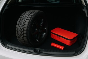 Spare winter tire and emergency kit in car trunk