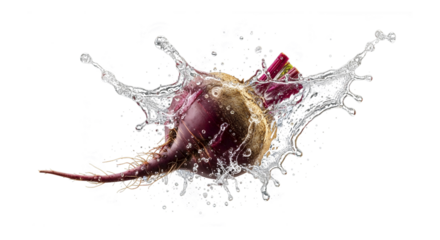 Fresh vegetables splashing in water, isolated on transparent background with a dynamic splash effect.